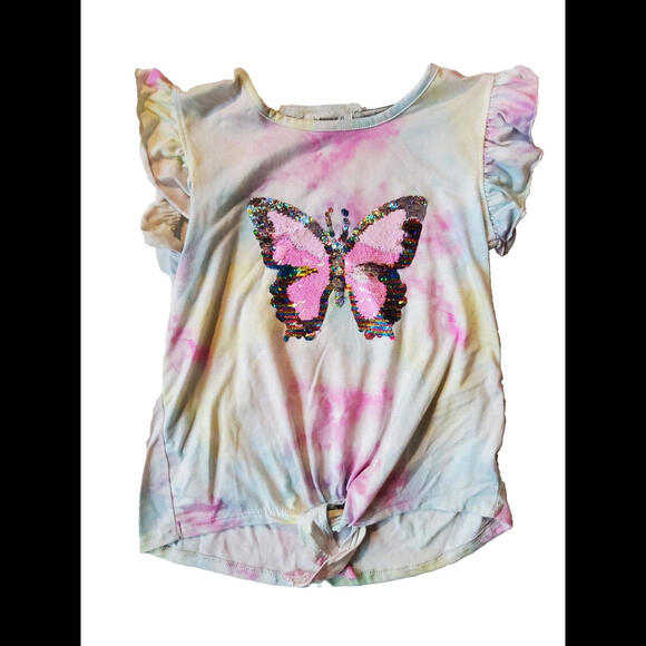 btween Girls Tie-Dye T-Shirt Butterfly Sequin Yellow Pink Tie Bottom Size 7 - Picture 5 of 5
